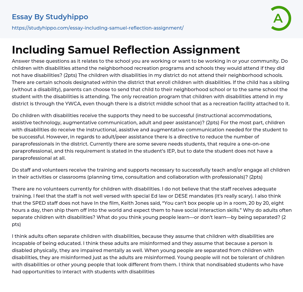 Including Samuel Reflection Assignment Essay Example