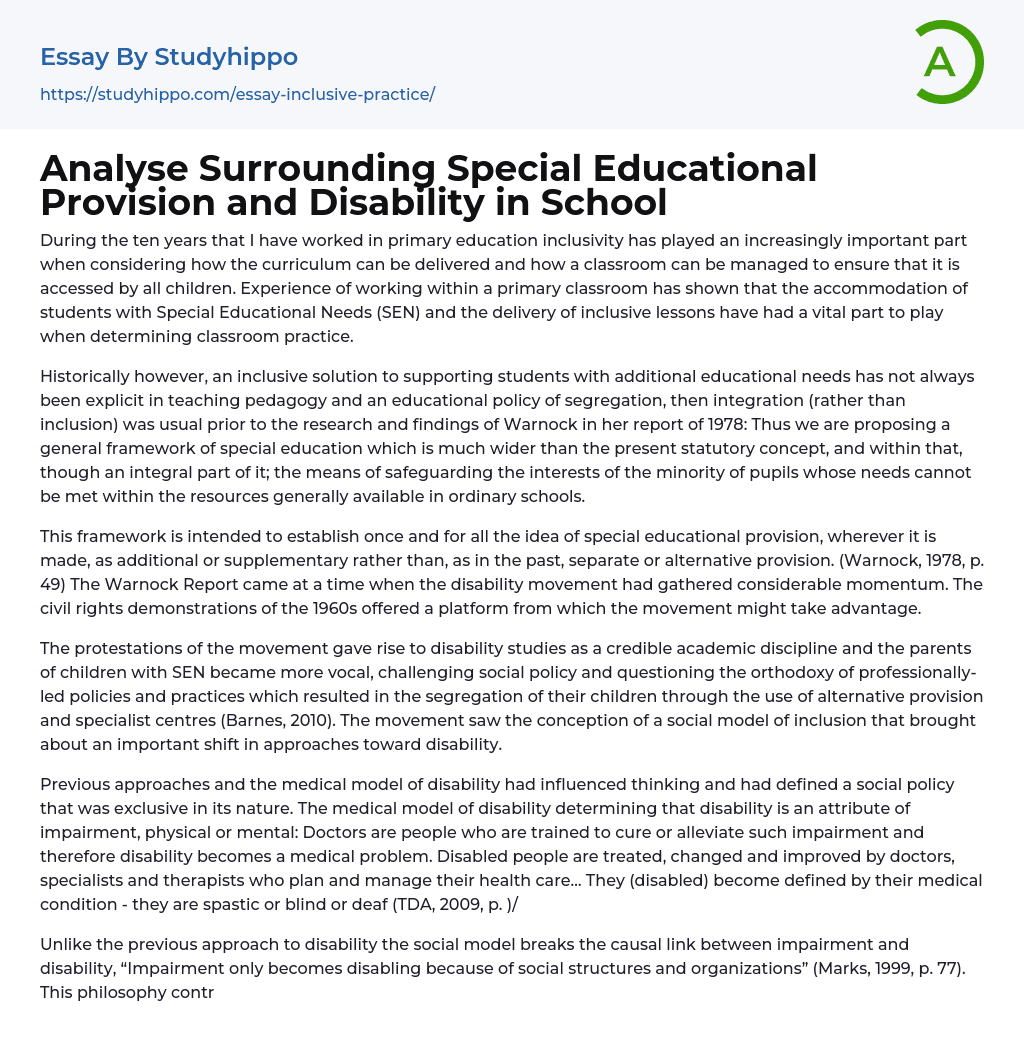 Analyse Surrounding Special Educational Provision and Disability in School Essay Example