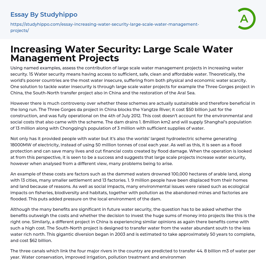 Increasing Water Security: Large Scale Water Management Projects Essay Example