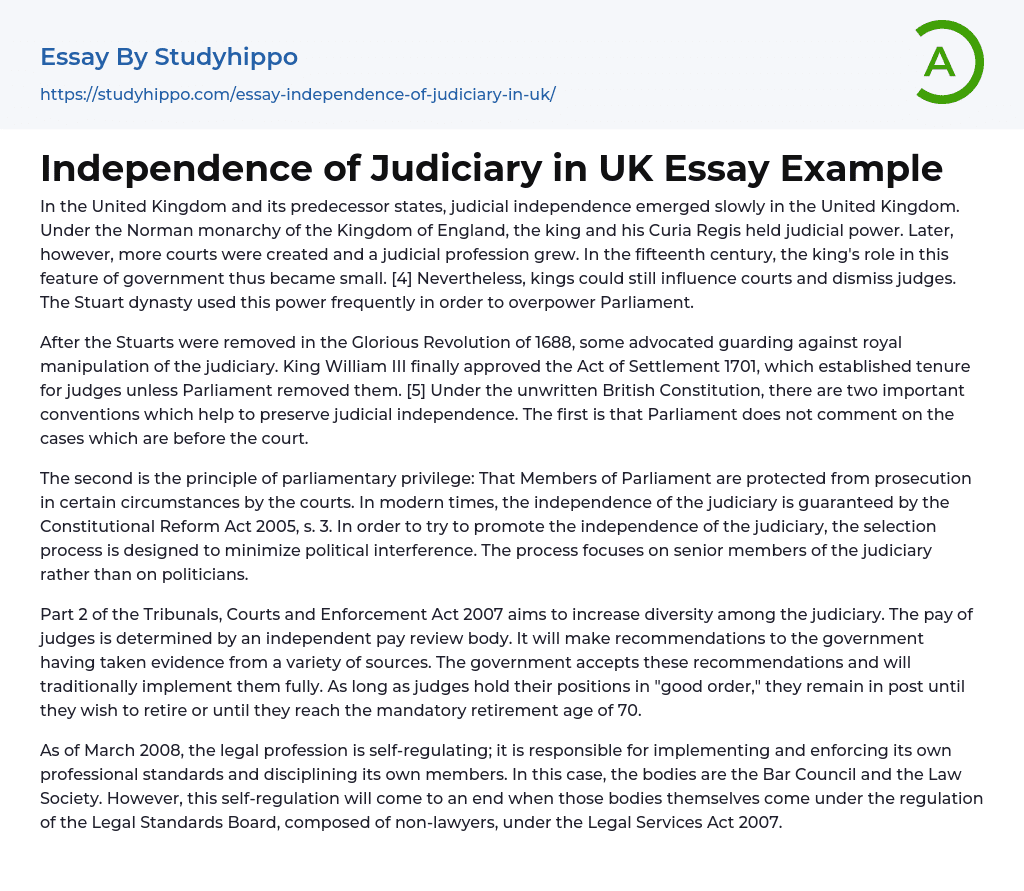 Independence of Judiciary in UK Essay Example