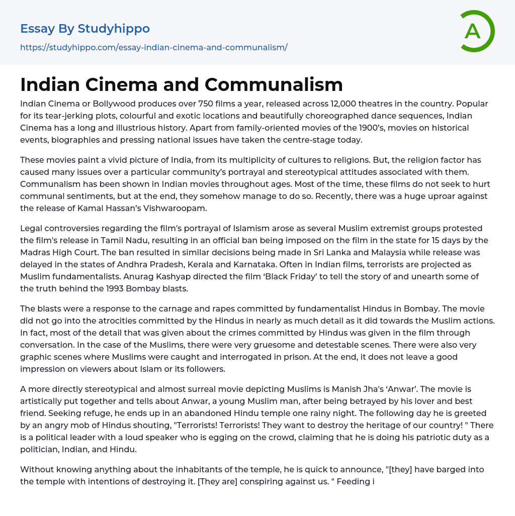 Indian Cinema and Communalism Essay Example