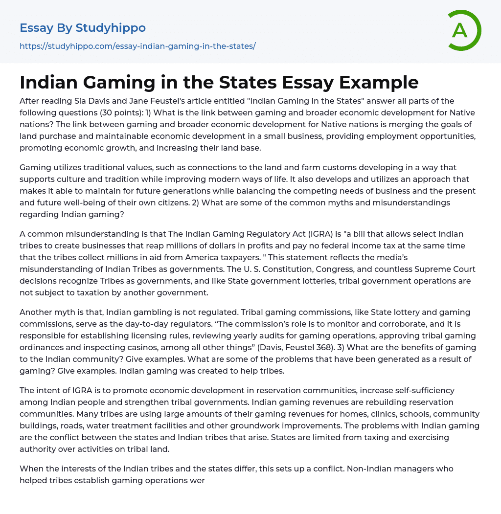 Indian Gaming in the States Essay Example