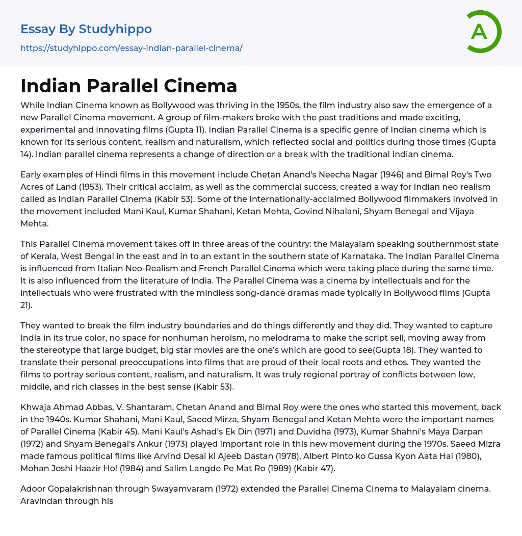Indian Parallel Cinema Essay Example