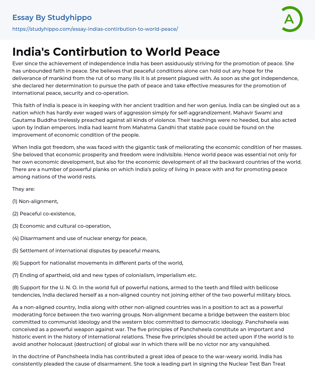 India’s Contirbution to World Peace Essay Example