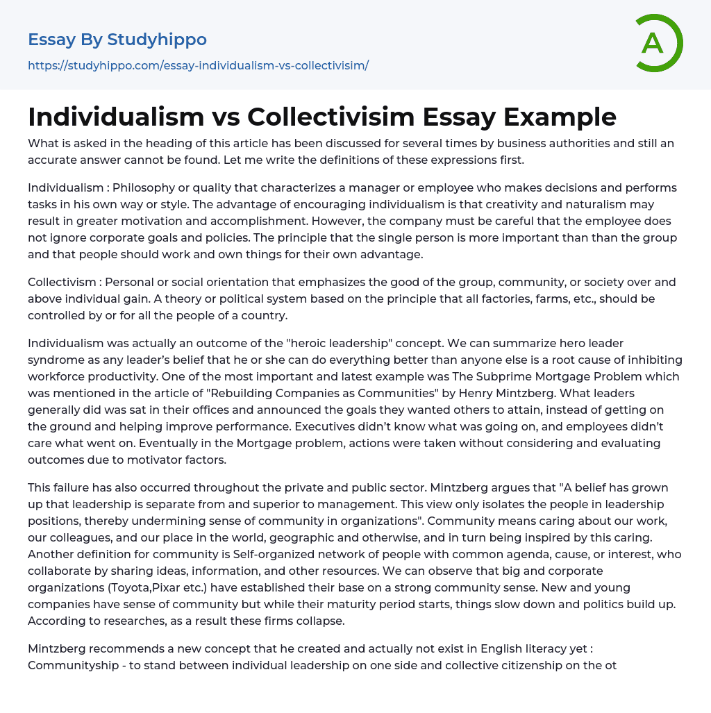 Individualism vs Collectivisim Essay Example