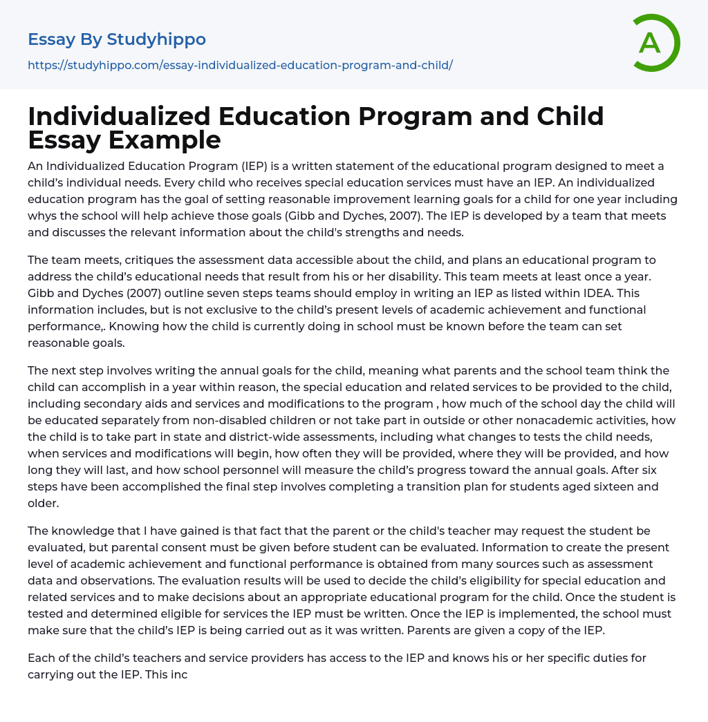Individualized Education Program and Child Essay Example
