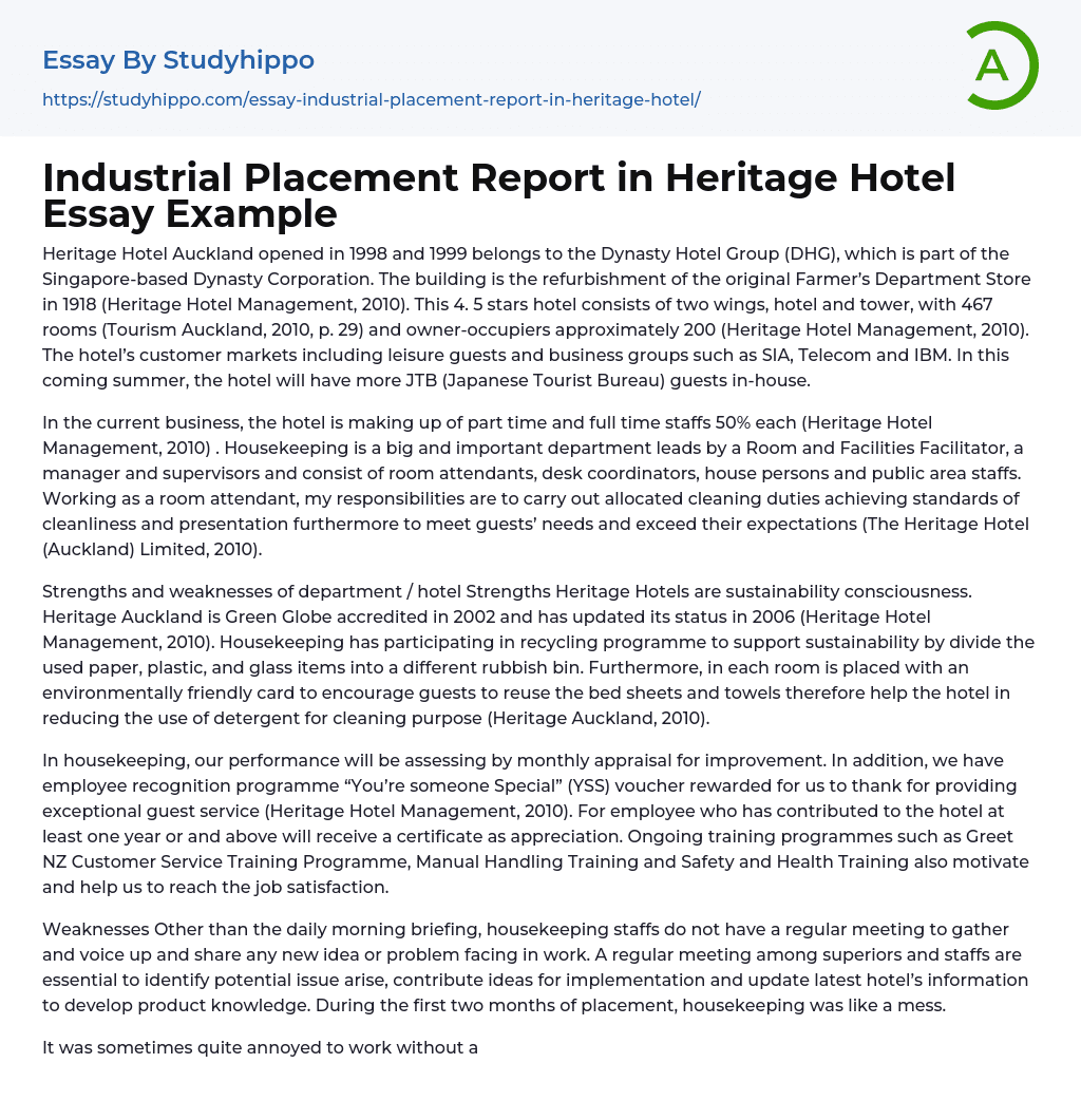 Industrial Placement Report in Heritage Hotel Essay Example