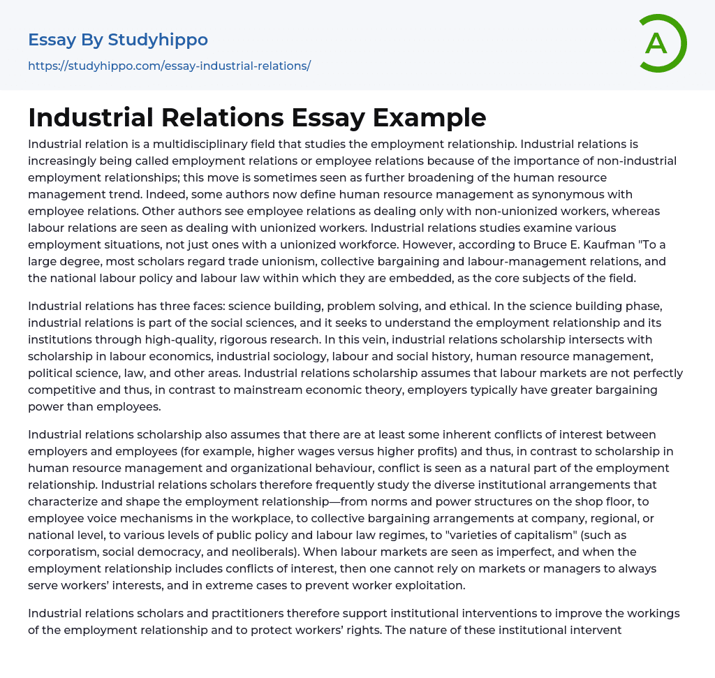 Industrial Relations Essay Example