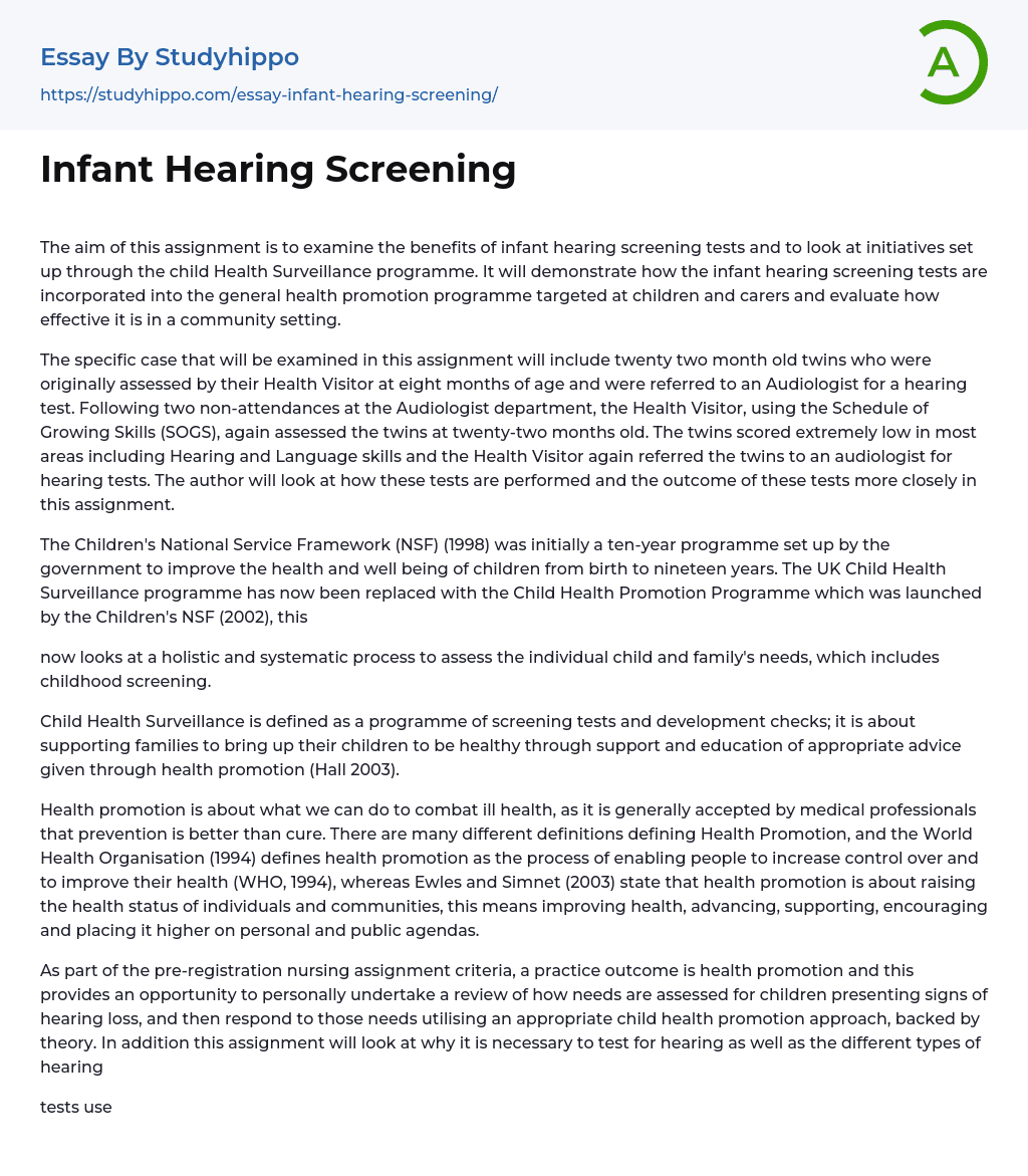 Infant Hearing Screening Essay Example