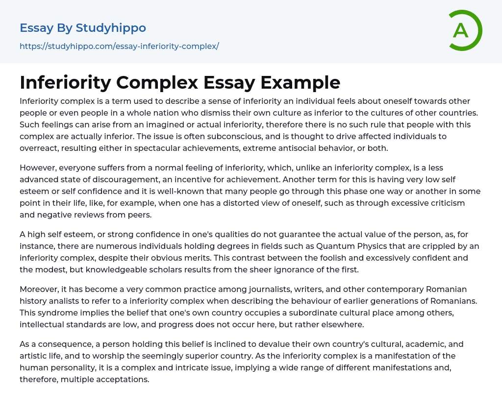 Inferiority Complex Essay Example StudyHippo