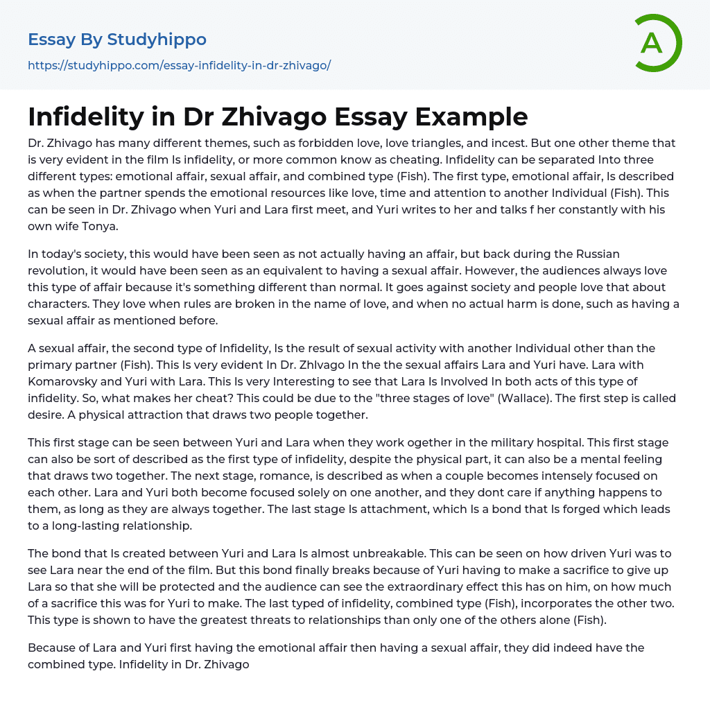 Infidelity in Dr Zhivago Essay Example