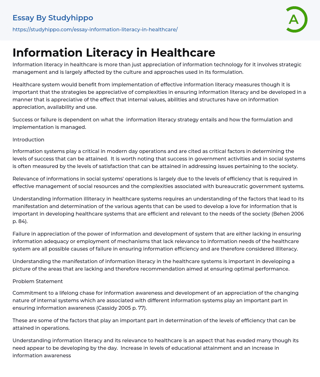 Information Literacy in Healthcare Essay Example