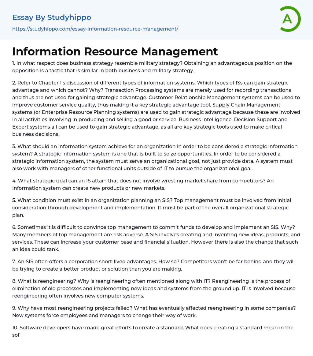 Information Resource Management Essay Example
