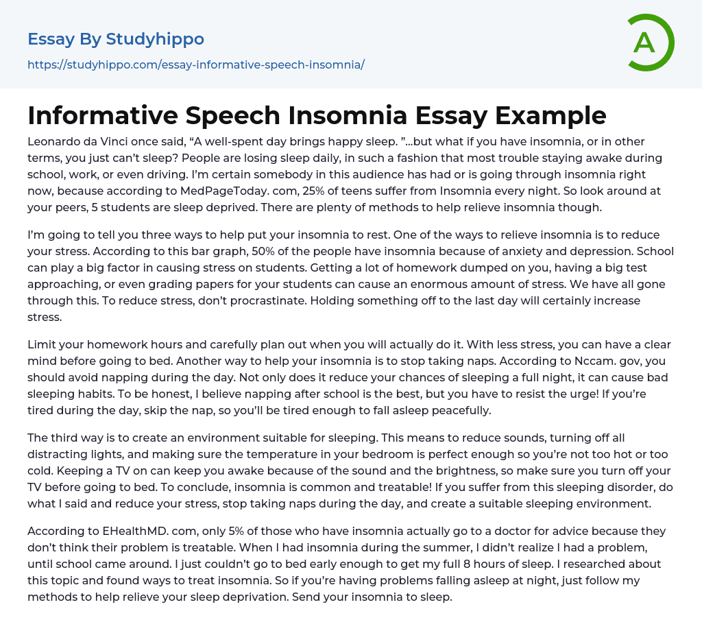 Informative Speech Insomnia Essay Example