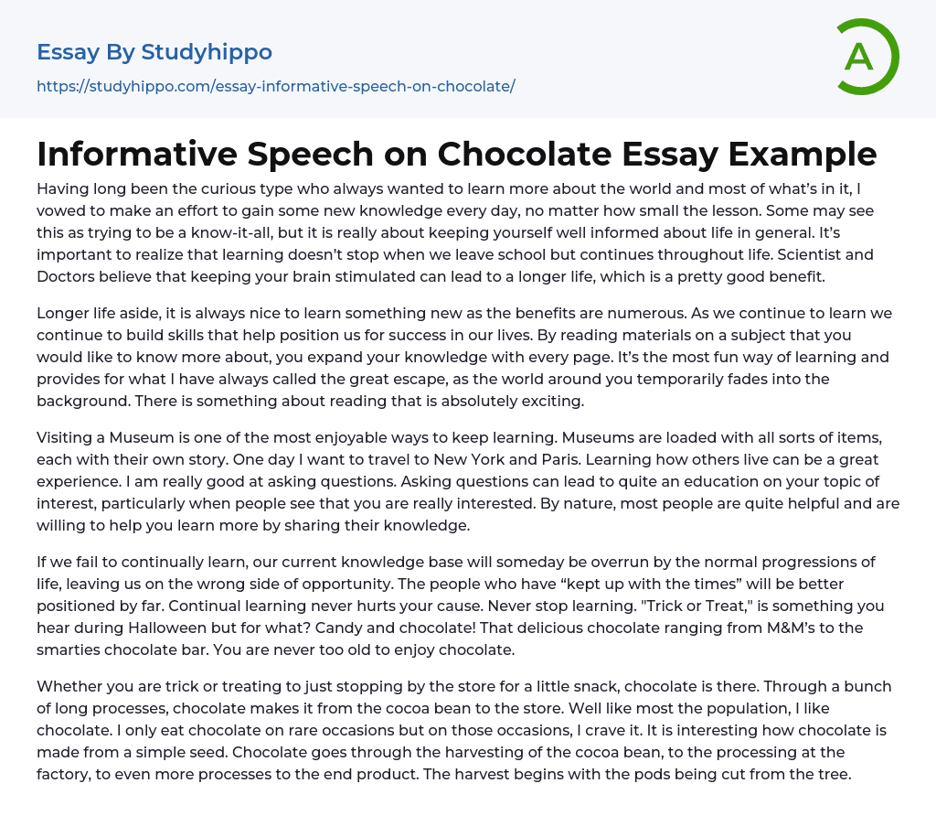 Informative Speech on Chocolate Essay Example
