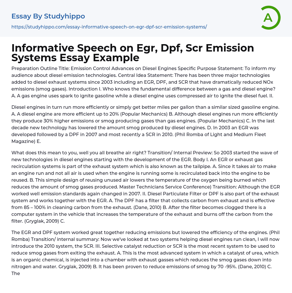 Informative Speech on Egr, Dpf, Scr Emission Systems Essay Example
