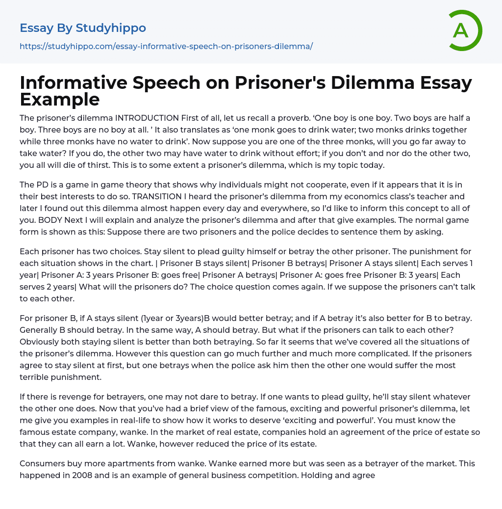 Informative Speech on Prisoner’s Dilemma Essay Example