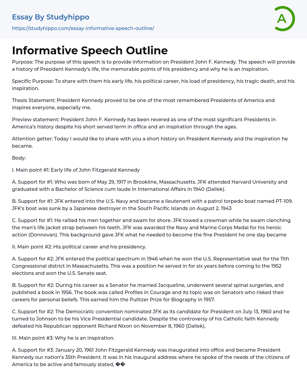 Informative Speech Outline Essay Example