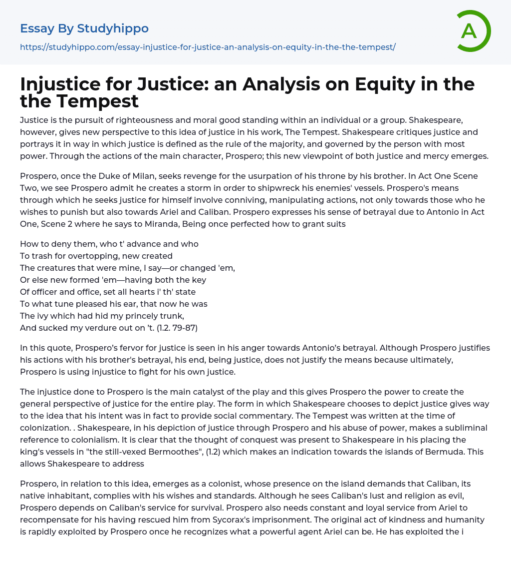 Injustice for Justice: an Analysis on Equity in the the Tempest Essay Example
