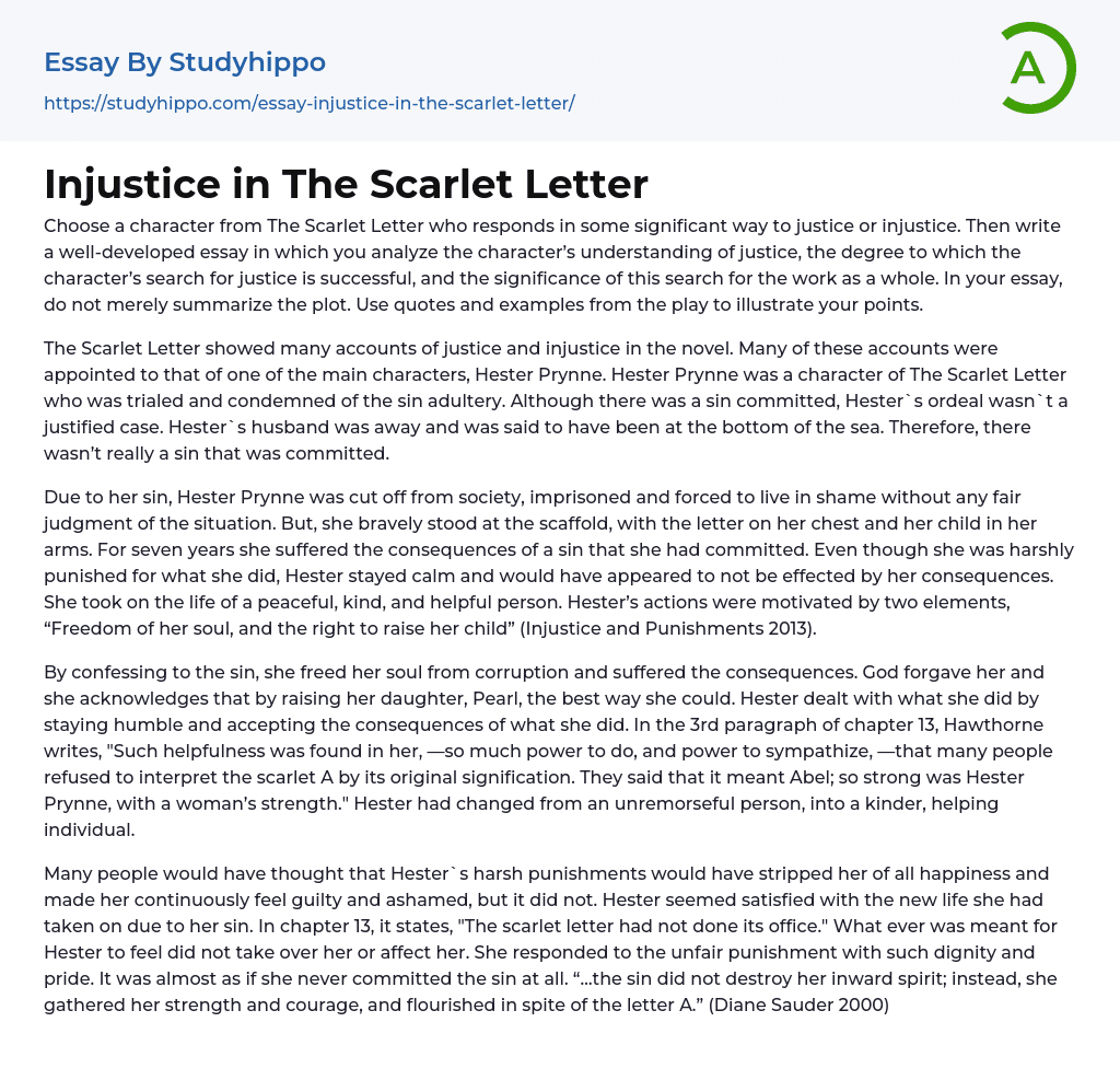 Injustice in The Scarlet Letter Essay Example