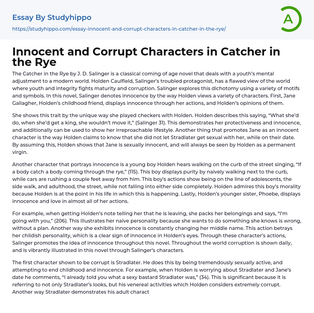 Innocent and Corrupt Characters in Catcher in the Rye Essay Example
