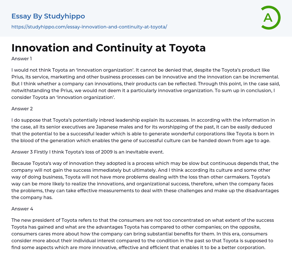 Innovation and Continuity at Toyota Essay Example