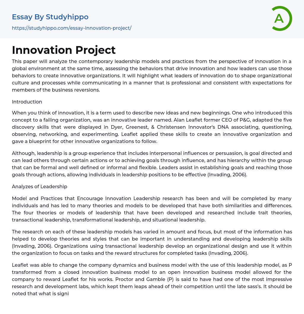Innovation Project Essay Example