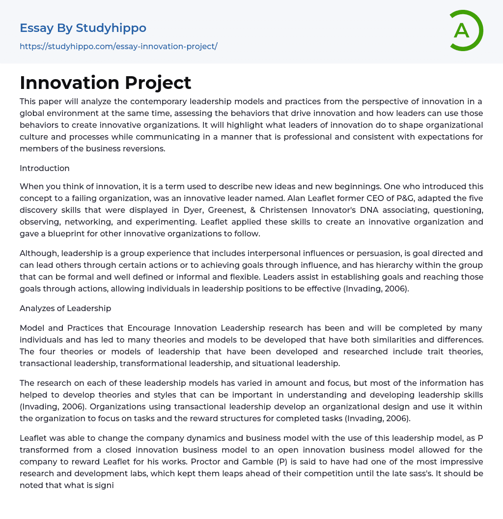 Innovation Project Essay Example StudyHippo