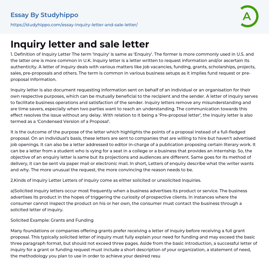 Inquiry letter and sale letter Essay Example