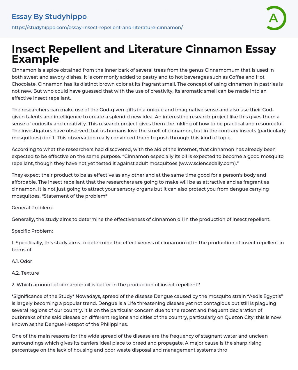 Insect Repellent and Literature Cinnamon Essay Example
