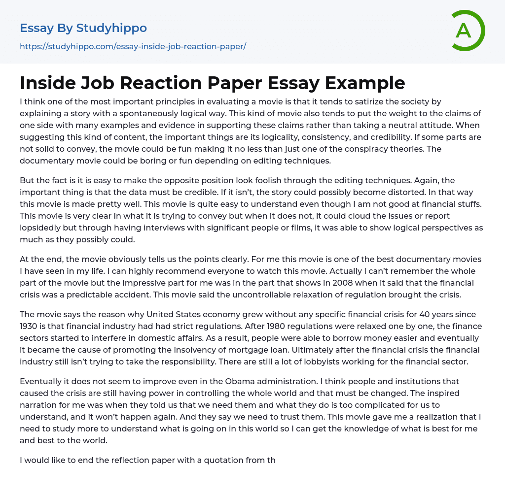 Inside Job Reaction Paper Essay Example