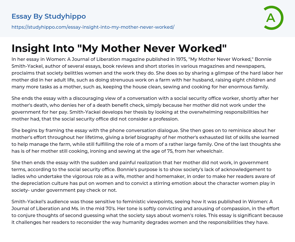 Insight Into “My Mother Never Worked” Essay Example