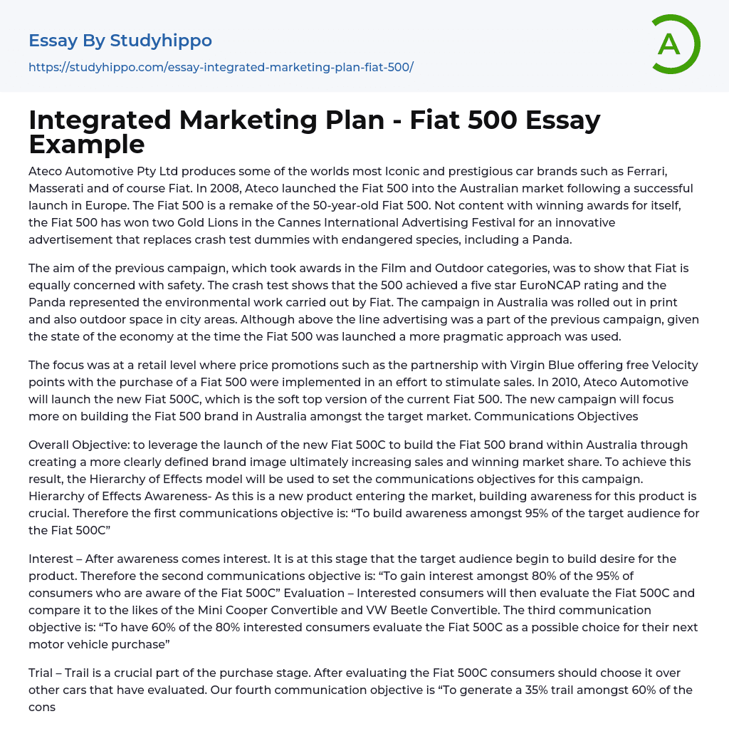 Integrated Marketing Plan – Fiat 500 Essay Example