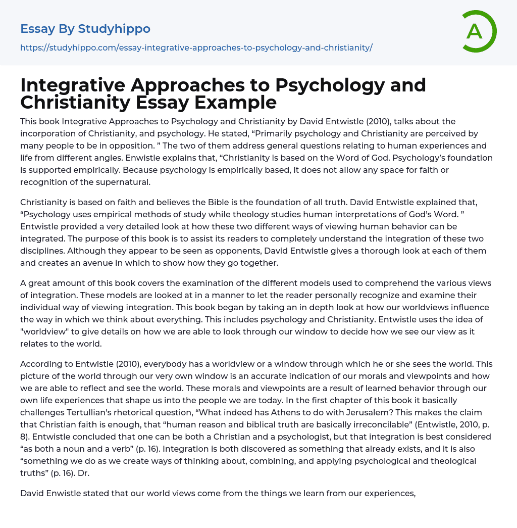 Integrative Approaches to Psychology and Christianity Essay Example