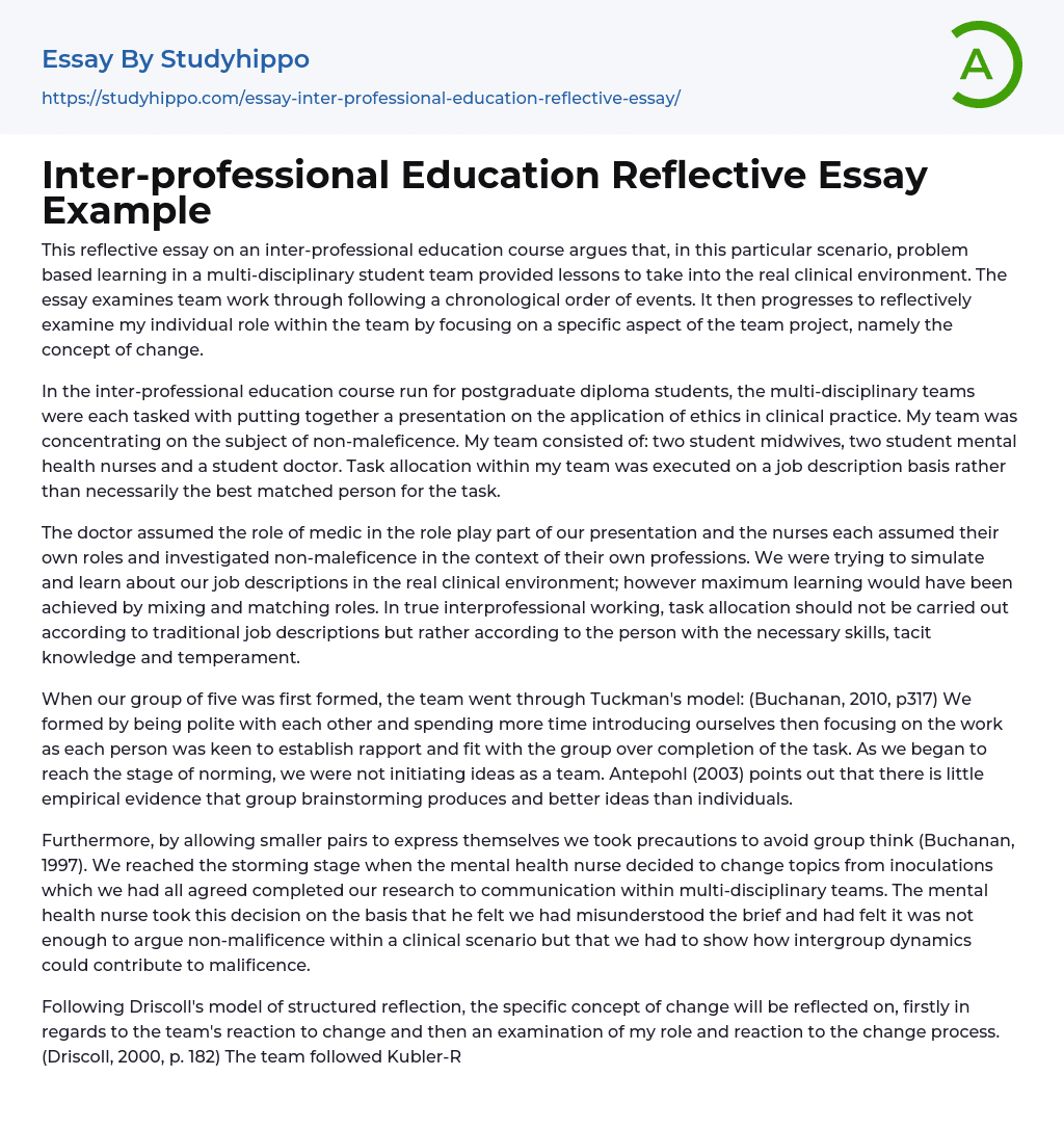 Inter-professional Education Reflective Essay Example