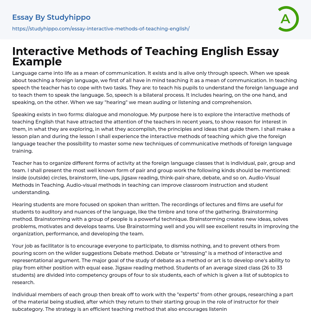 Interactive Methods of Teaching English Essay Example
