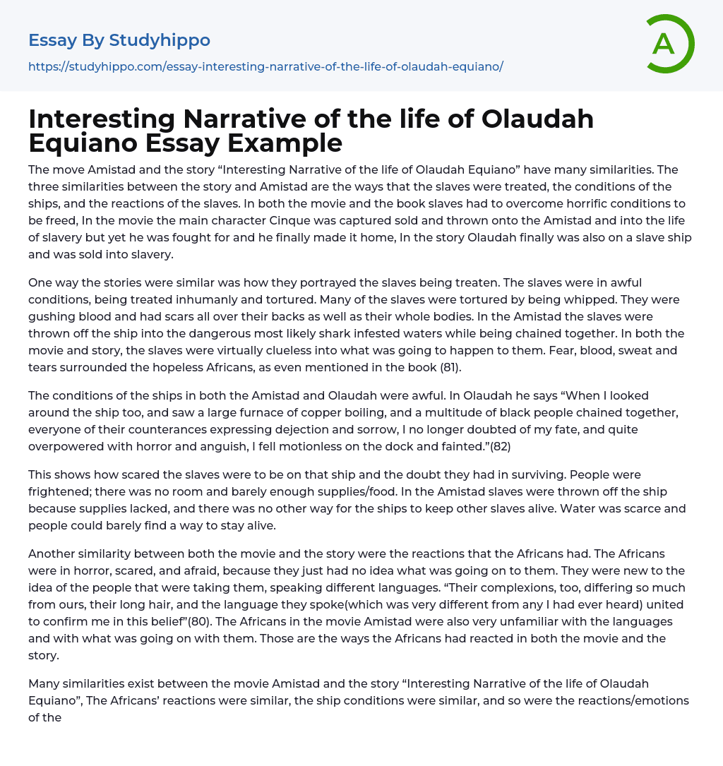 Interesting Narrative of the life of Olaudah Equiano Essay Example