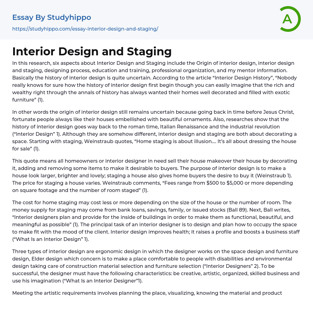 Interior Design and Staging Essay Example