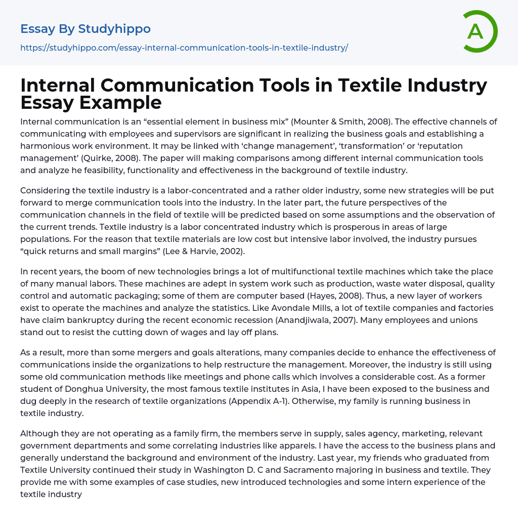 Internal Communication Tools in Textile Industry Essay Example