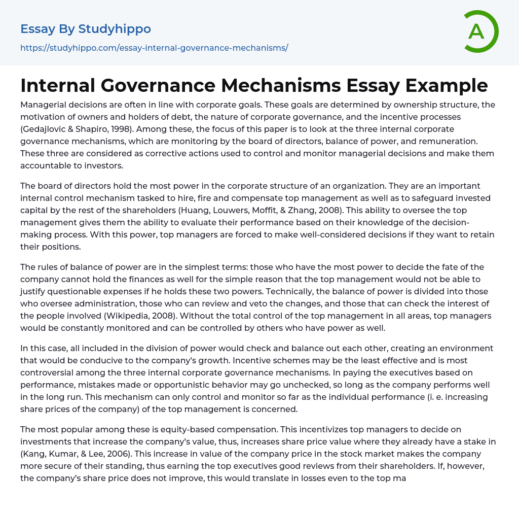 Internal Governance Mechanisms Essay Example