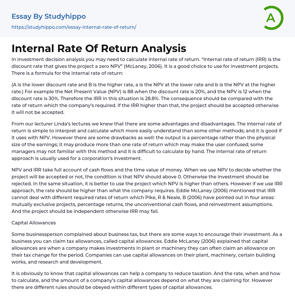 Internal Rate Of Return Analysis Essay Example