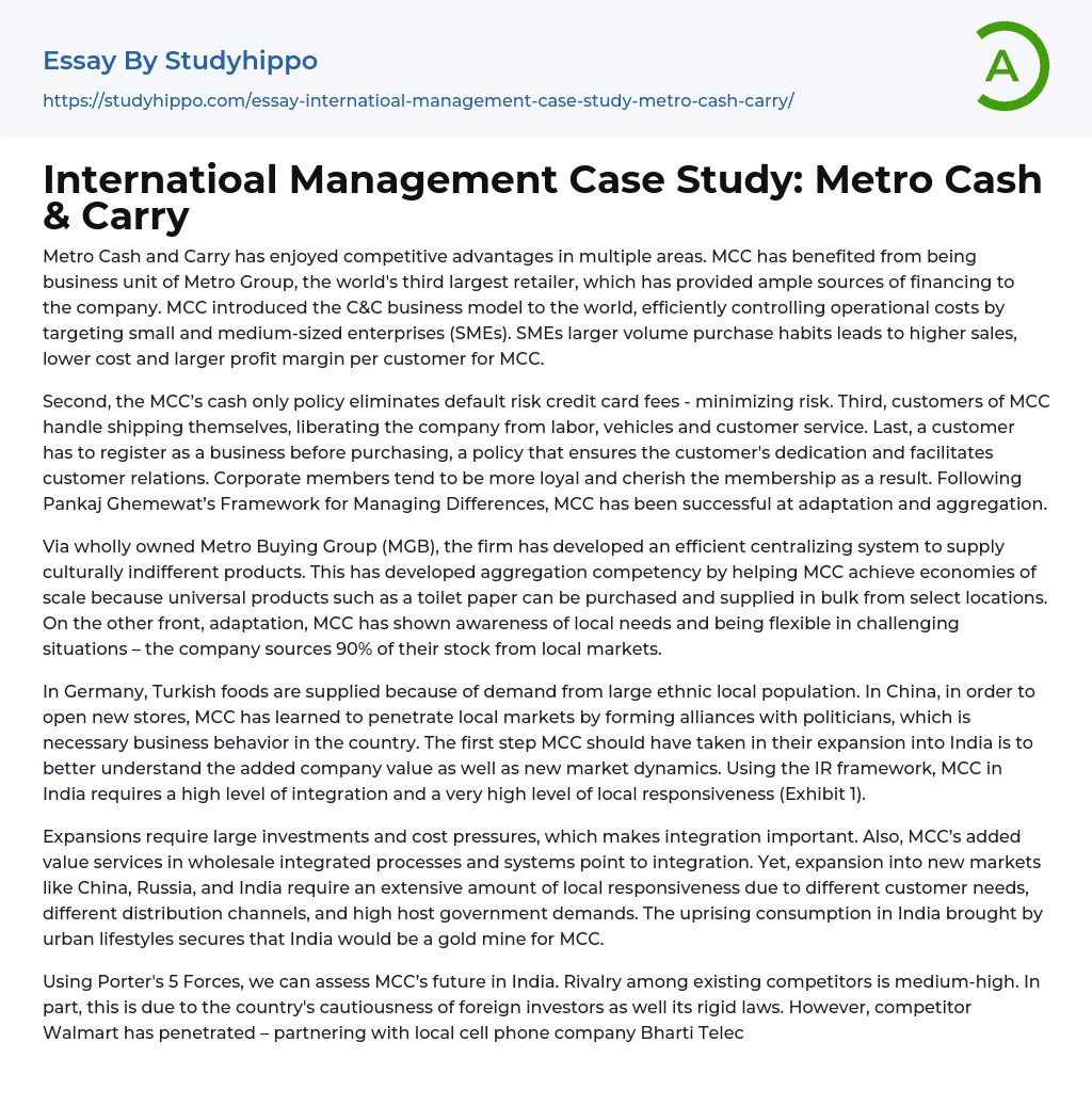 Internatioal Management Case Study: Metro Cash & Carry Essay Example