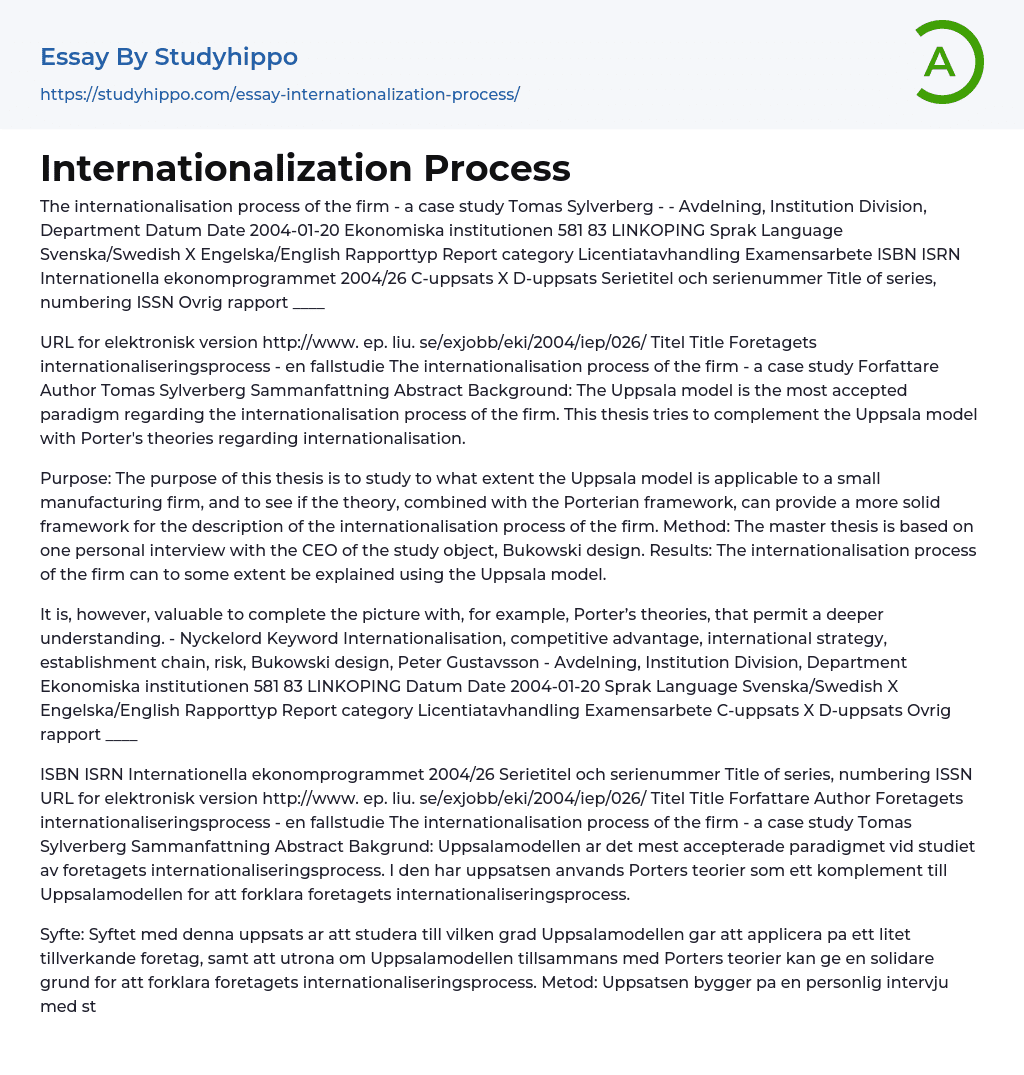 Internationalization Process Essay Example