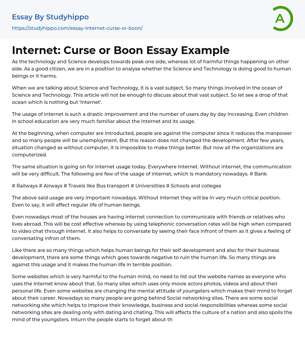 Internet: Curse or Boon Essay Example