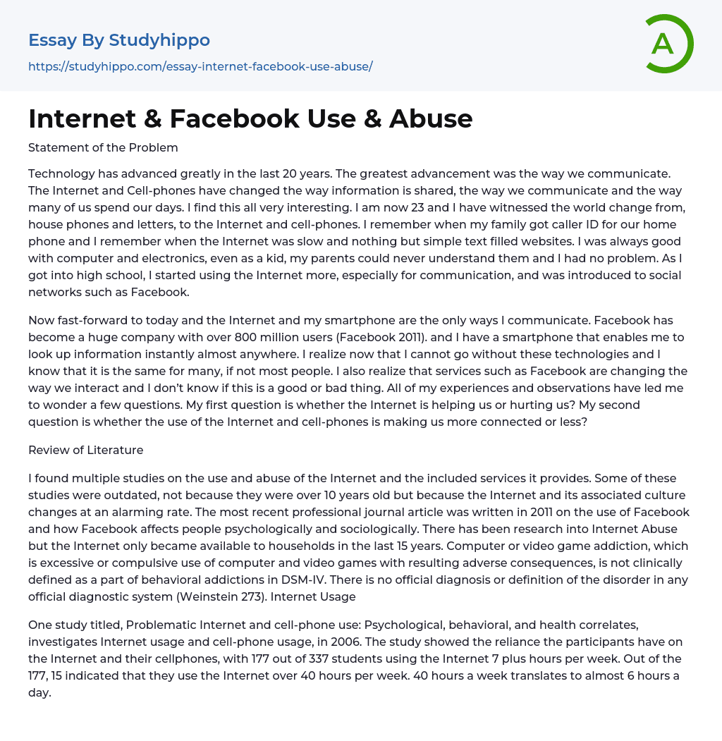Internet & Facebook Use & Abuse Essay Example