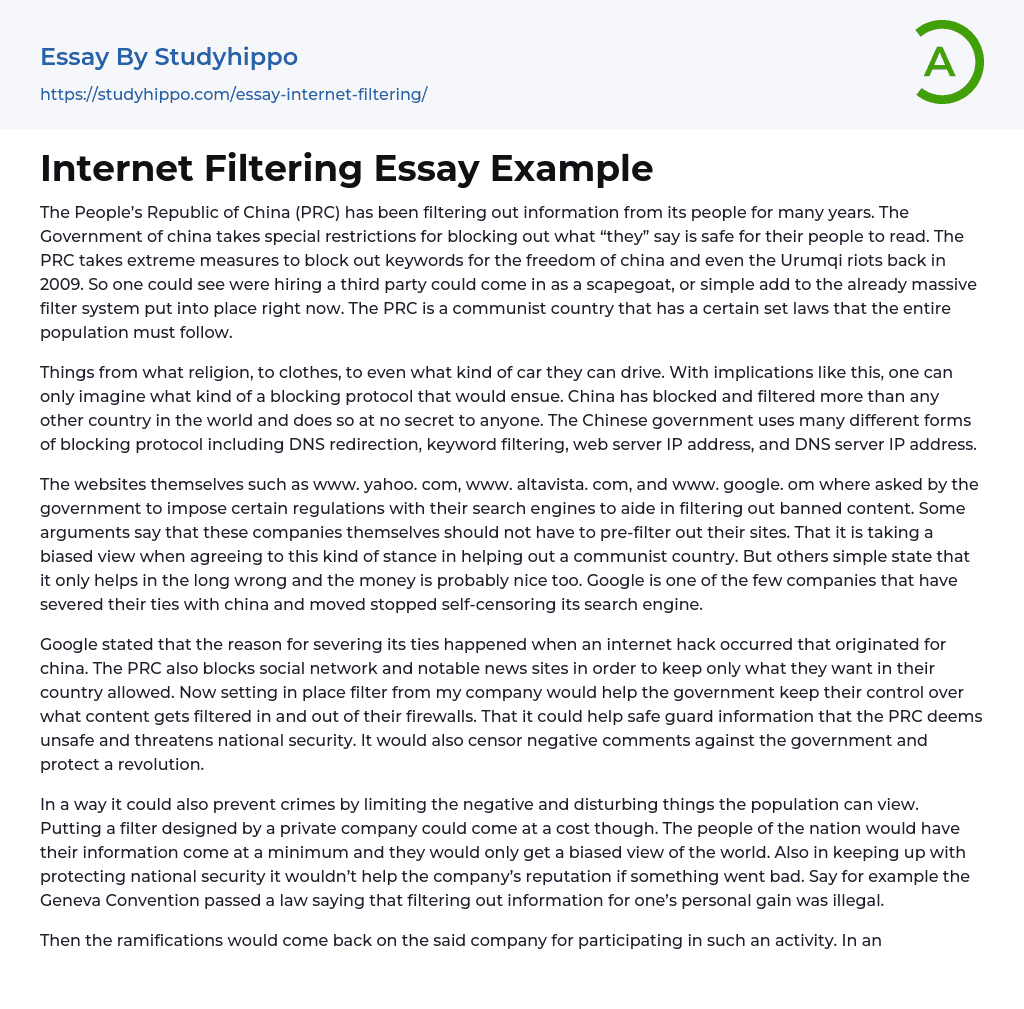 Internet Filtering Essay Example