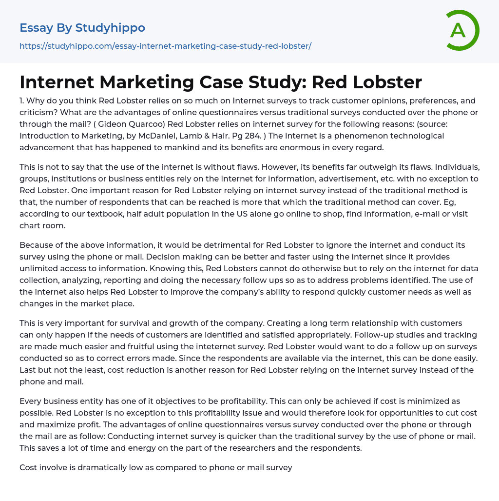 Internet Marketing Case Study: Red Lobster Essay Example