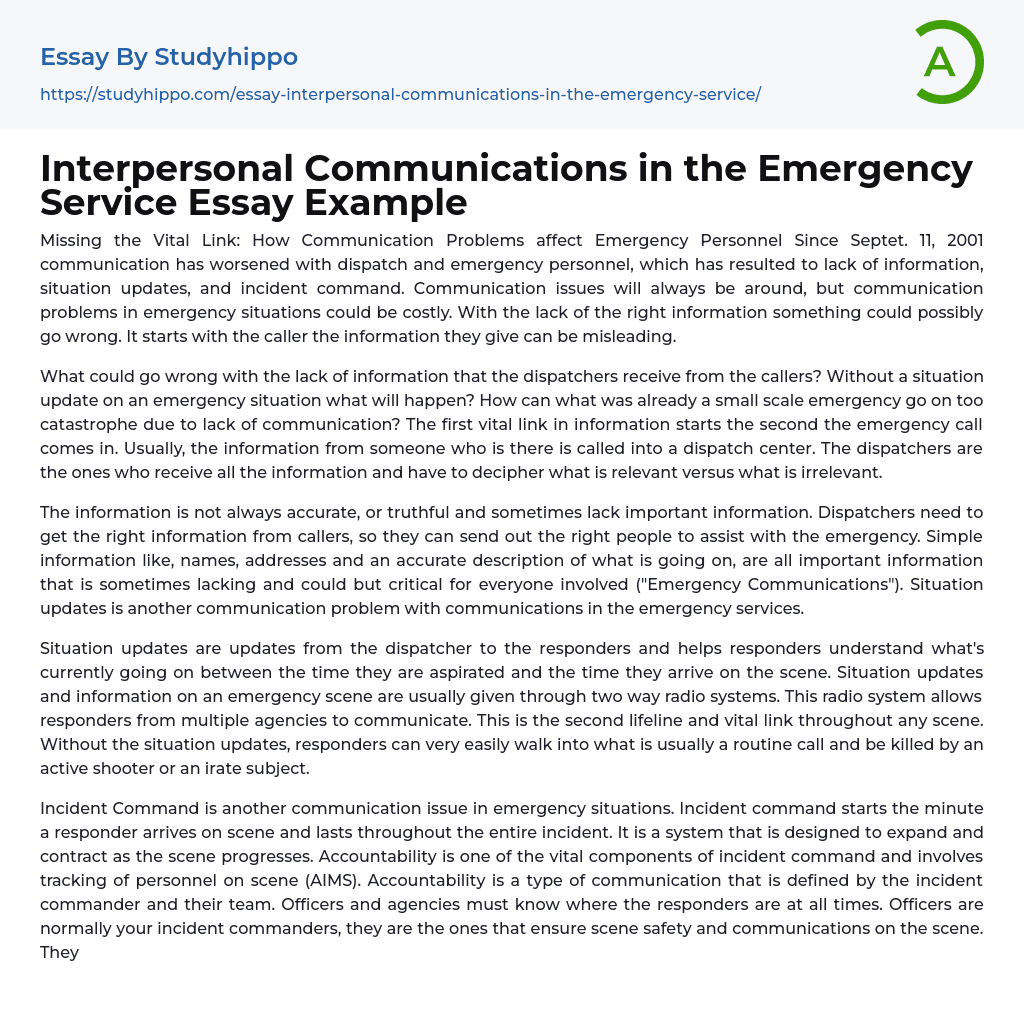 Interpersonal Communications in the Emergency Service Essay Example