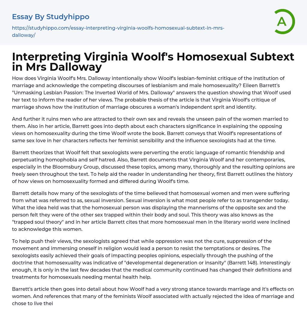 Interpreting Virginia Woolf’s Homosexual Subtext in Mrs Dalloway Essay Example