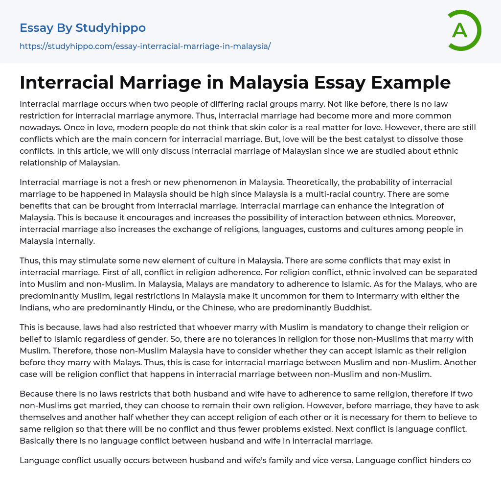 Interracial Marriage in Malaysia Essay Example